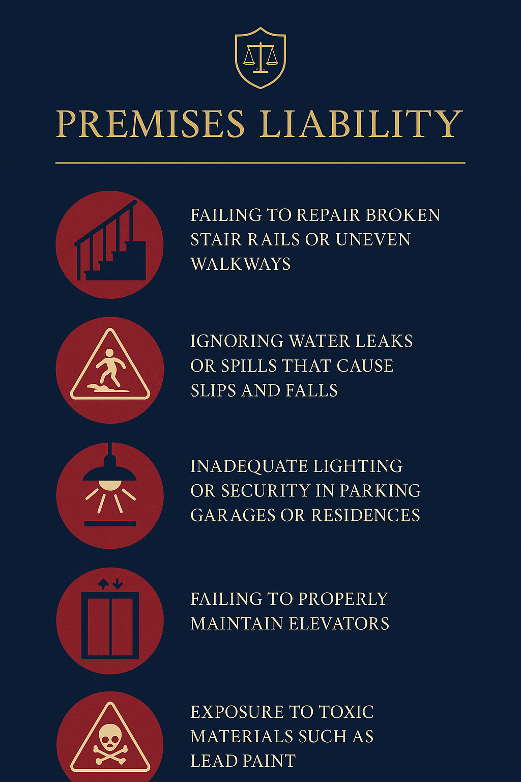 Dark blue infographic titled "Premises Liability" with gold text and icons. It lists five risks: failing to repair broken stair rails or uneven walkways, ignoring water leaks or spills that cause slips and falls, inadequate lighting or security in parking garages or residences, failing to properly maintain elevators, and exposure to toxic materials such as lead paint. Each item is paired with a red circular icon symbolizing the hazard.