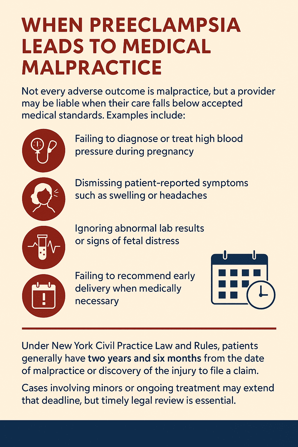 Infographic titled "When Preeclampsia Leads to Medical Malpractice" explains that malpractice may occur if care falls below accepted standards. Examples listed include: failing to diagnose or treat high blood pressure, dismissing symptoms like swelling or headaches, ignoring abnormal lab results or fetal distress, and not recommending early delivery when needed. It notes that in New York, patients have two years and six months to file a claim, with exceptions for minors or ongoing treatment.